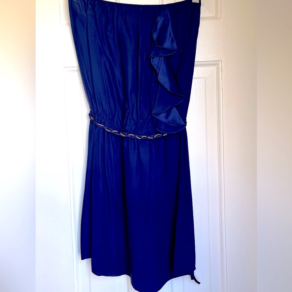 Karina Grimaldi - Silk Blouson Strapless Mini Dress Braided Gold Chain Belt XS - Picture 9 of 12